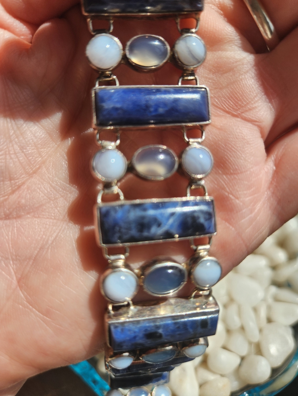 Vintage 925 PB Sterling Silver Blue Sodalite And Chalcedony Link Bracelet - Picture 2 of 9